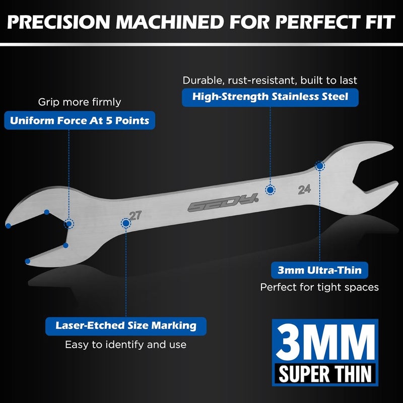 SEDY 10-Piece Super Thin Open-End Wrench Set, Metric 5.5–27mm, 3mm Thickness Slim Wrench Set for Tight Spaces, Nickel Plated Flat Wrenches with Rolling Storage Pouch - Image 4